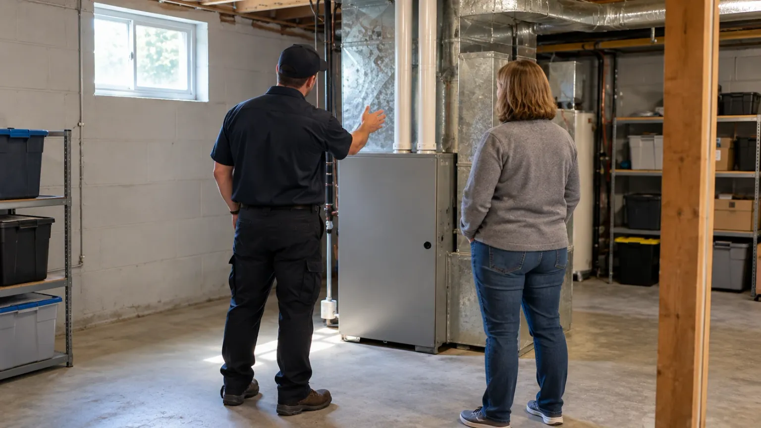 A contractor explaining a furnace problem to a homeowner in a basement