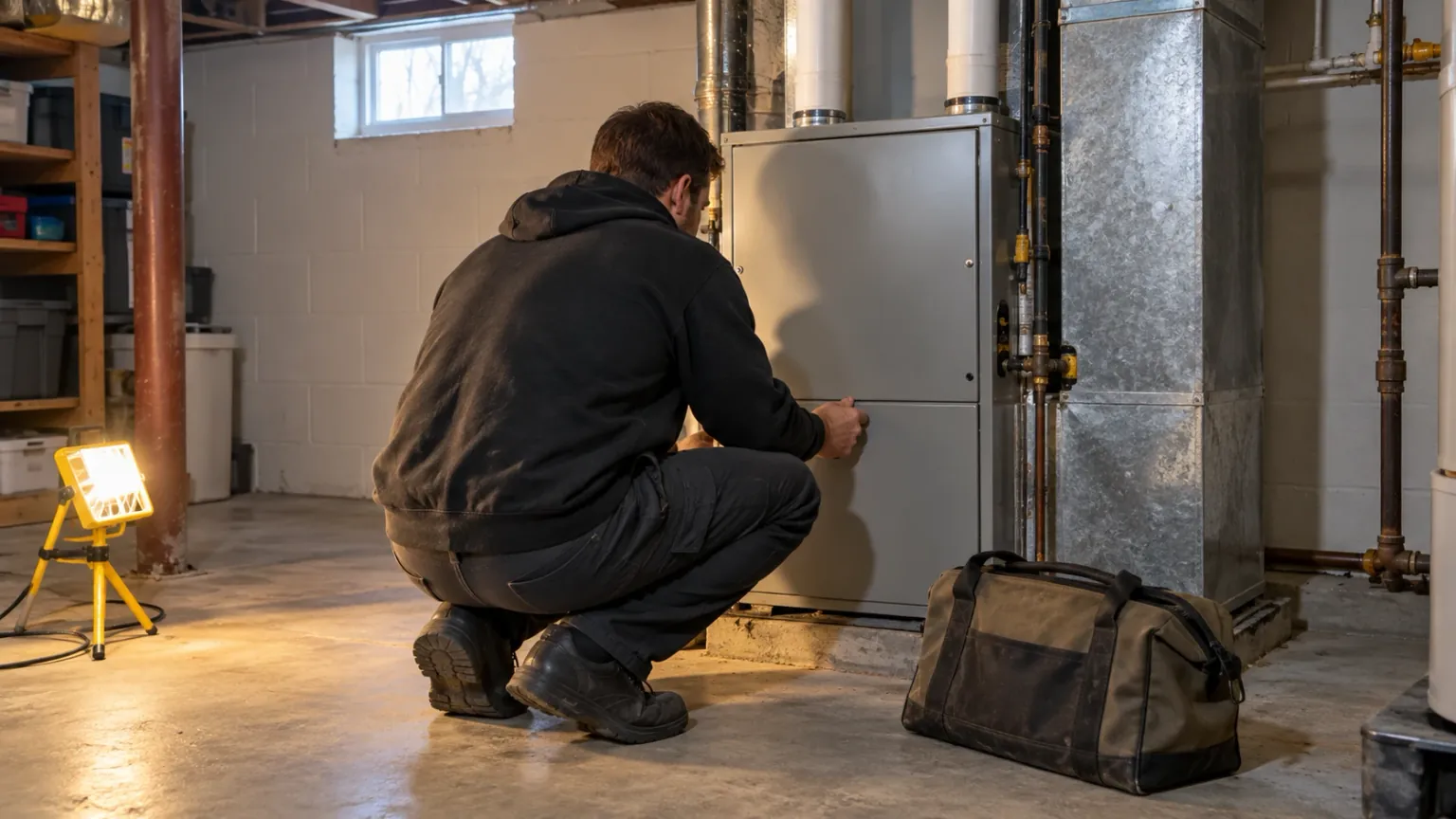 A technician crouched at a closed furnace in a basement, about to take the front panel off